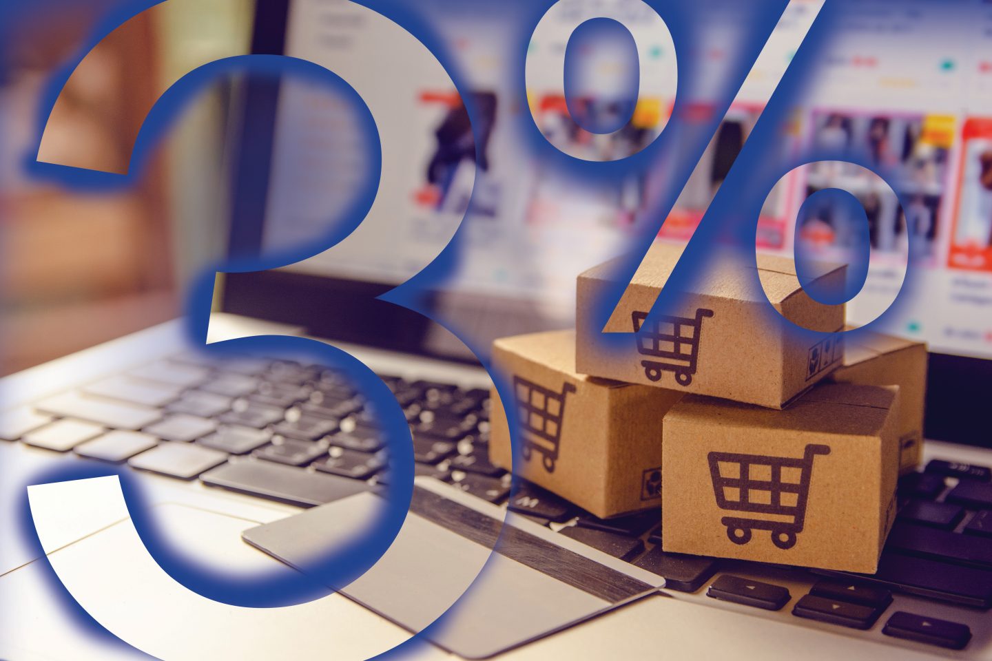 Shopping online. Cardboard box with a shopping cart logo in a tr