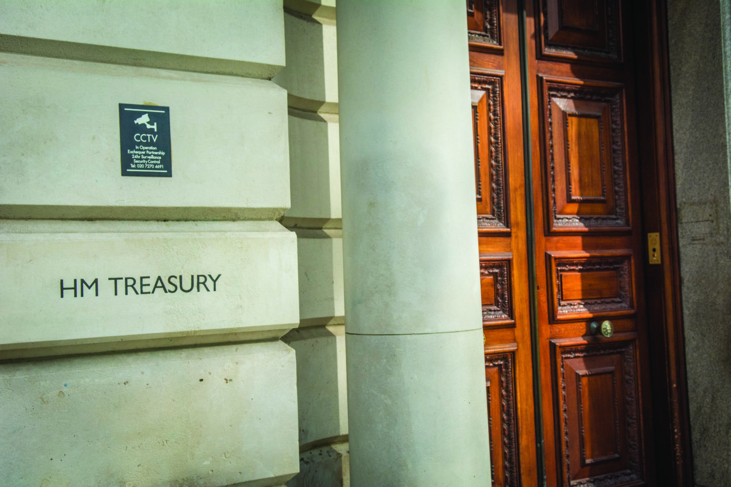 London- HM Treasury building on Horse Guard Road, Whitehall. The