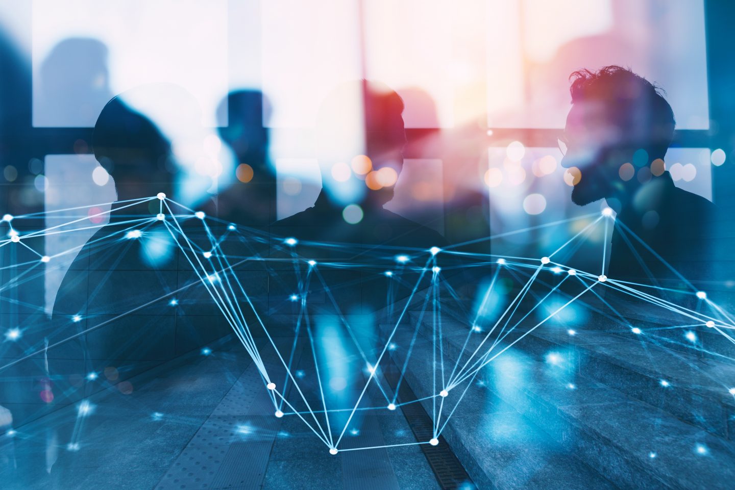 Silhouette of business people work together in office. Concept of teamwork and partnership. double exposure with network effects