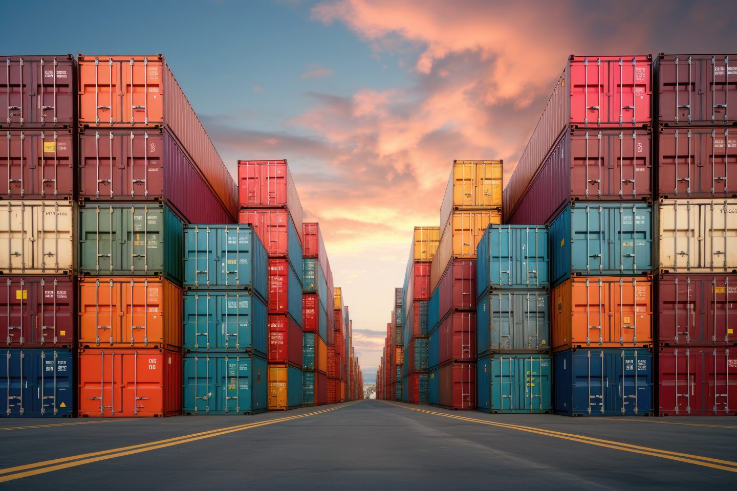 Rows of shipping containers in different colors. Transport business. Logistics import and export of goods Rows of shipping containers in different colors. Transport business. Logistics import and export of goods