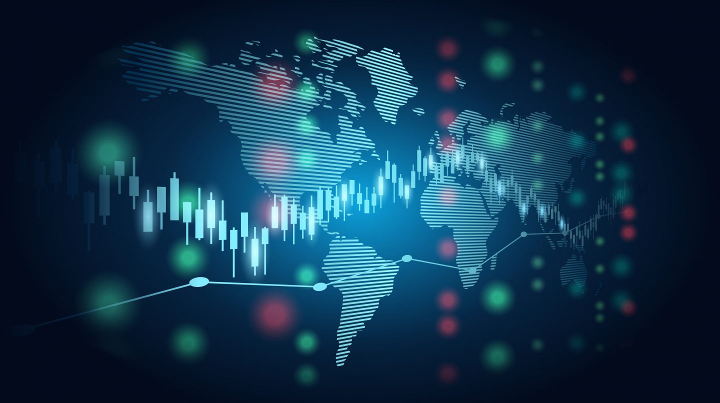 Abstract financial chart with candle stick graph and world map in stock market on blue colour background