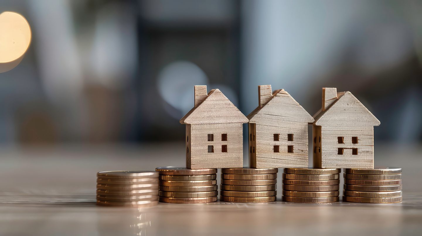 Three miniature wooden houses are positioned on stacks of gold coins, signifying the concept of homeownership and financial stability.