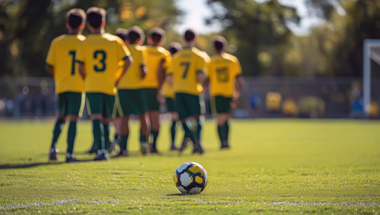 Un ballon de football sur la pelouse avec des jeunes joueurs flous en tenue jaune et vert en arrière-plan sur un terrain d’entrainement.