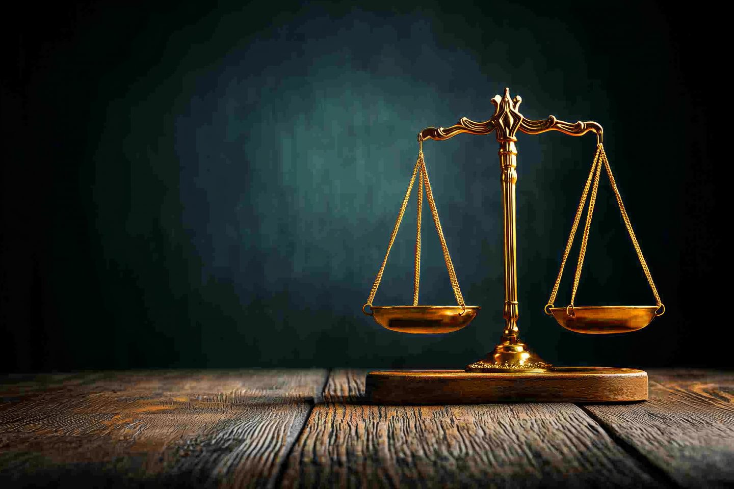 Golden scales of justice on a wooden table, symbolizing fairness.