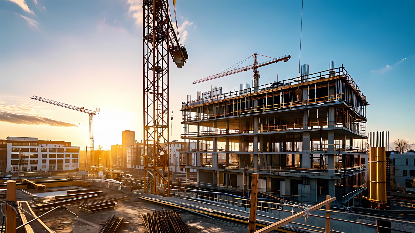 construction site for a large building with a clear blue sky background