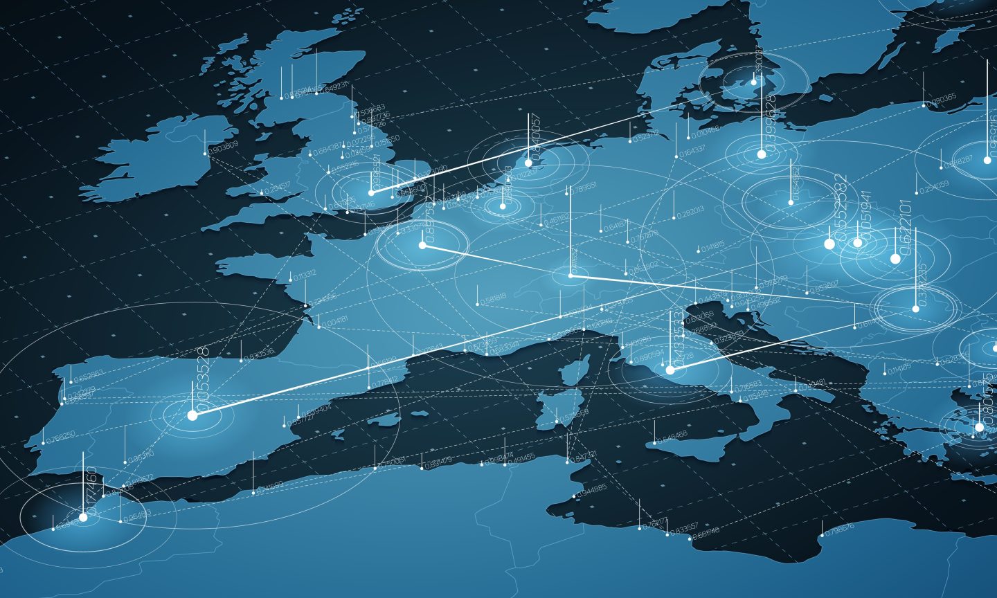 Europe blue map big data visualization. Futuristic map infographic. Information aesthetics. Visual data complexity. Complex europe data graphic visualization. Abstract data on map graph.